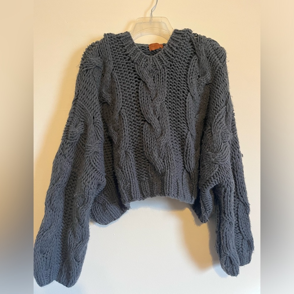 Pol Chunky Crochet Grey Cropped Hooded Sweater